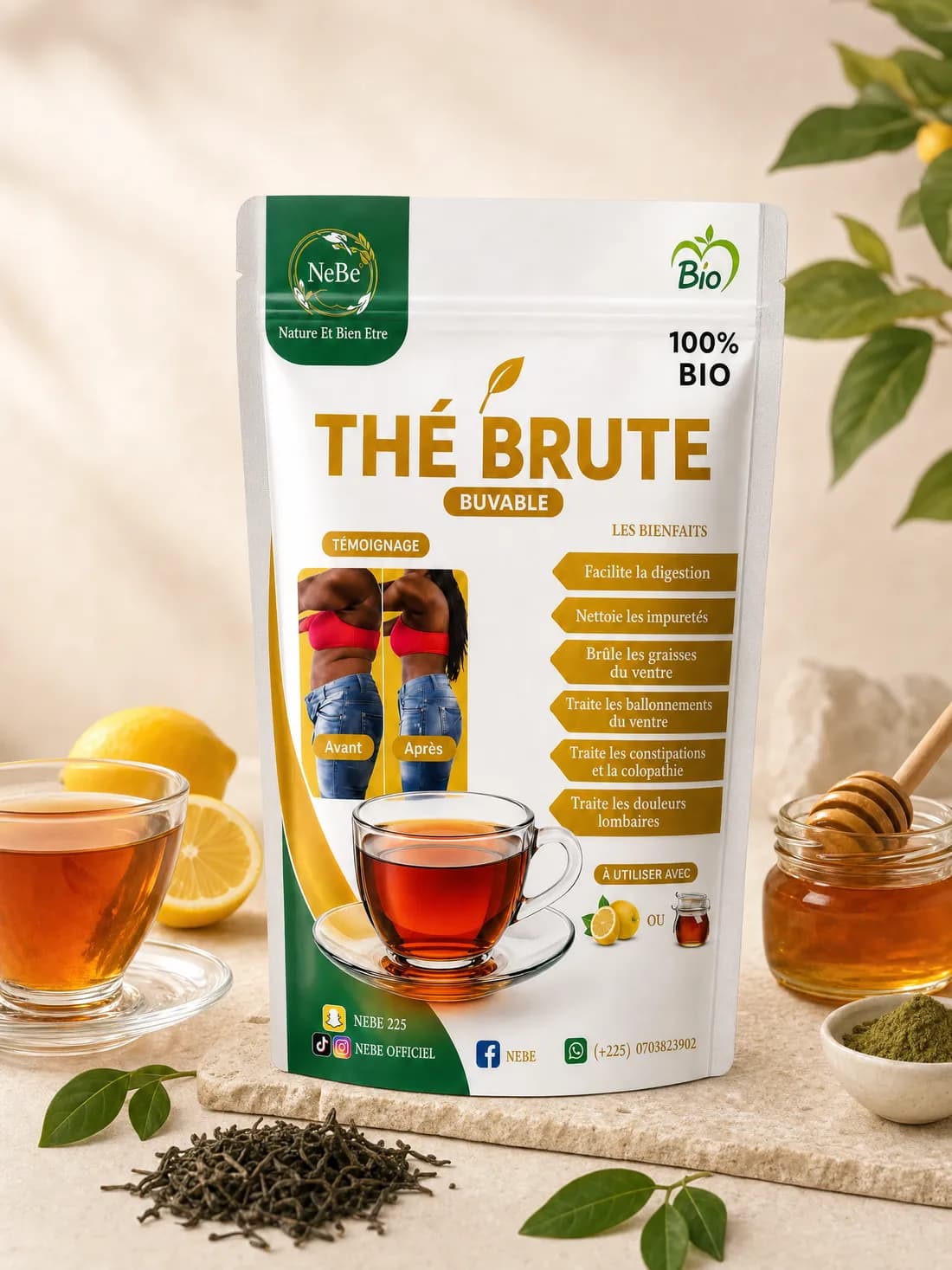 Le Thé Brute NeBe servi avec citron et miel